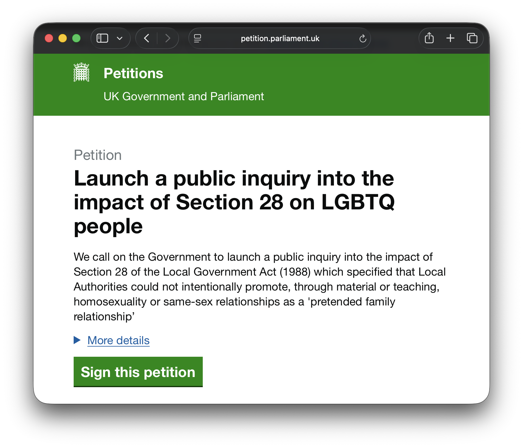 UK Parliament Petition: Launch a public inquiry into the impact of Section 28 on LGBTQ people